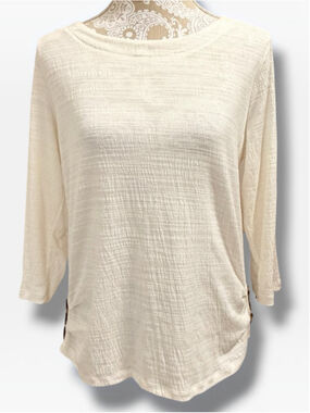 Retrology Womens Medium White Magnolia 3/4 Sleeve Side Button Ruched Top NWT